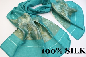 新品【SILK シルク100%】華 ペイズリー柄 薄手 スカーフ/ストール エメラルドグリーン系 ゴールド ホワイト