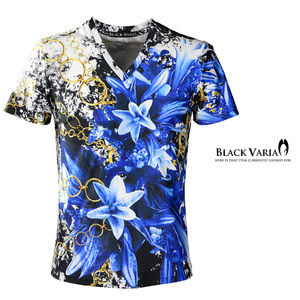 bv07-bl BLACK VARIA 百合 花 リングチェーン柄 プレミアム Vネック 半袖Tシャツ メンズ(ブルー青) L 日本製 吸水速乾＆2wayストレッチ