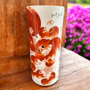 【FU10】壺 [ライオン] 中国雑貨 赤絵 フー 犬 獣 フラワーベース 花瓶 花入れ 丸壺 花器 陶器 中国 古美術 骨董品 アンティーク