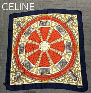 CELINE セリーヌ 大判 シルクスカーフ ヴィンテージ 帽子 ロゴ