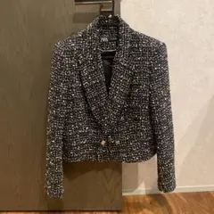 【美品新品】ZARA 黒白ツイード ダブルブレストジャケット L