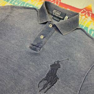 レア武骨ラギッド雰囲気抜群クリーニング済 正規Polo Ralph Laurenラルフローレン インディゴ本藍染Medium Indigo Big PONY刺繍ポロシャツS