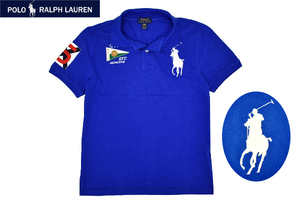 Y-8077★送料無料★美品★POLO RALPH LAUREN ポロ ラルフローレン CUSTOM FIT★正規品 ブルー ビックポニー 半袖 ポロシャツ L 14-16 160cm