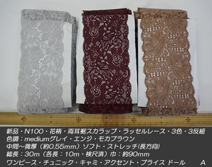 A 新品 総長30ｍ N100花柄 両耳裾スカラップ ラッセルレース3色3反組各10ｍ/襟/袖・子供服・アクセント・ブライス ドール・手芸