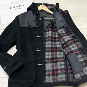 極美品/XLサイズ●PRADA プラダ ダッフルコート ブラック 裏地チェック 黒 肌触り抜群 上質ウール レザー 最高級 イタリア製 秋冬 50 切替