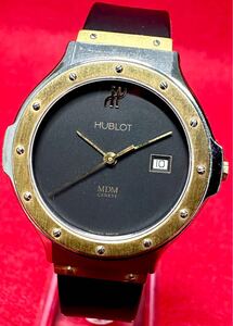 Y 希少 HUBLOT ウブロ MDMクラシック 1401.100.2 金製YGベゼル メンズ クォーツ デイト アンティーク 時計 992651620