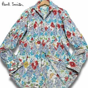 美品/L相当●Paul Smith ポールスミス 花柄 フラワー 総柄 長袖 ドレスシャツ 羽織り キルティング調 マルチカラー コットン 刻印ボタン