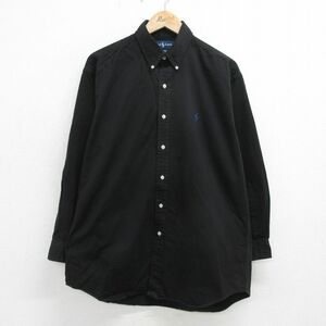 XL/古着 ラルフローレン 長袖 ブランド シャツ メンズ 90s ワンポイントロゴ BLAKE ロング丈 コットン ボタンダウン 黒 ブラック 24jun