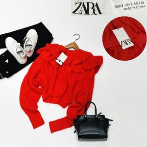 未使用品 /S/ ZARA レッド フリルニットセーター レディース タグ カジュアル トップス 通勤 大人可愛いクロップド ガーリー デイリー ザラ