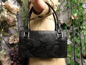 ●超美品●BOTTEGA VENETA ボッテガ ヴェネタ●ロゴ型押し●リーフ柄●カーフ レザー 本革●ハンド バッグ●黒●腕掛け●かばん●Js52768