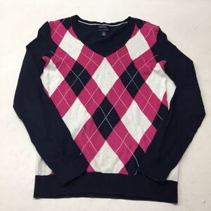 送料無料★TOMMY HILFIGER トミーヒルフィガー★Ｖネック長袖ニット セーター 薄手トップス★アーガイル模様★XSサイズ#30504sjj3