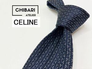 【超美品】CELINE　セリーヌ　全面ロゴレタッチ柄　ネクタイ　3本以上送料無料　ネイビー　1002050