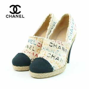 CHANEL シャネル 37 1/2 23.5 ハイヒール 総柄 ヒール ラウンドトゥ エスパドリーユ バイカラー ベージュ 黒 ブラック/OC10