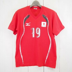 ミズノ mizuno バレー 日本代表 手書き風プリント 背番号19番 Vネック 半袖コットンTシャツ(M)レッド