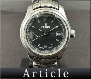 208132□動作確認済 FENDI フェンディ 腕時計 クォーツ デイト 3針 ラウンド 310L SS ブラック シルバー レディース アナログ/ D