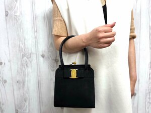 極美品 Ferragamo フェラガモ ヴァラリボン ハンドバッグ バッグ スエード×レザー×ナイロンキャンバス 黒 72029Y