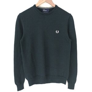 (^w^)b FRED PERRY フレッドペリー 長袖 クルーネック プルオーバー ウール ニット セーター カットソー ゴルフ 無地 グリーン S 10707DD