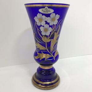 10　中古　BOHEMIAN　GLASS　ボヘミア　フラワーベース　花瓶　青　クリスタルガラス　インテリア　花器 