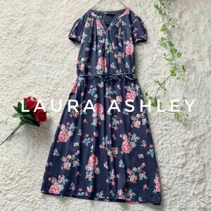 ローラアシュレイ　花柄フレアワンピース　Vネック　半袖　ウエストリボン　紺　春夏　9号サイズ　Laura Ashley