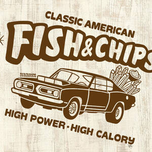 ■FISH & CHIPS Tシャツ■ XLサイズ（ホワイトxブラウン）アメリカ　アメ車　モパ－　MOPAR PLYMOUTH BARRACUDA　ハンバーガー