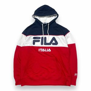 FILA フィラ プルオーバーパーカー パーカー スウェット フーディ ビックロゴ ロゴプリント コットン ネイビー×ホワイト×レッド L