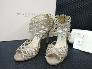 ◆超美品◆JIMMY CHOO ジミーチュウ◆ラインストーン◆サンダル パンプス◆ベージュ ゴールド金具◆37サイズ◆レディース◆メッシュ◆A5552