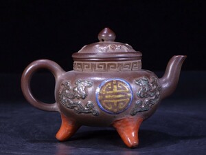 古びた蔵『陳鼎和造 陶磁器 紫砂急須 加彩三足紫砂茶壺』極細工 急須 茶道具 古賞物 古美術