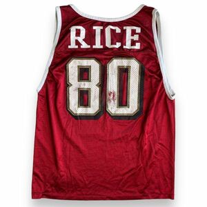 90s USA製 LOGO ATHLETIC ロゴアスレチック 49ers ジェリーライス RICE 80 ナンバリング アメフト メッシュ ゲーム シャツ L レッド