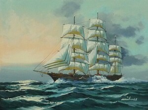 油彩画 洋画 肉筆油絵 F6号 「帆船 海景画」-125- 特価