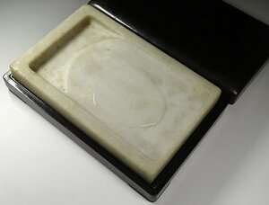 緑屋f■ 中国古玩　白端渓硯　唐木蓋台　端渓硯　重量約１.4kg　唐物 時代物 書道具　i9/4-6726/29-4#80