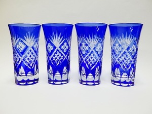 ★ 古い 切子ガラス コリンズグラス 4客 青被せ ウランガラス ★ G739 Faceted Glass