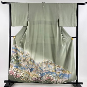 色留袖 身丈158cm 裄丈63.5cm S 袷 落款 風景 樹木 灰緑 正絹 名品 三つ紋 【中古】