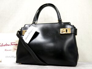 ●超美品●Salvatore Ferragamo フェラガモ●ガンチーニ●カーフ レザー 本革●2way ハンド バッグ●黒●ゴールド金具●かばん●Js54594