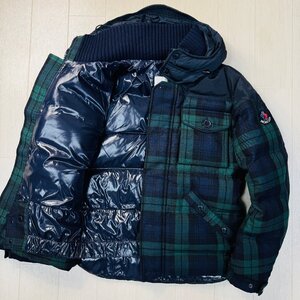 良品/1 M相当★モンクレール/MONCLER 黒ワッペン ウール ダウンジャケット 異素材切替 コンビブルゾン アウター メンズ 紺チェック