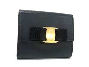 1円 ■美品■ Salvatore Ferragamo フェラガモ ヴァラリボン レザー 二つ折り 財布 ウォレット レディース ブラック系 BI8527