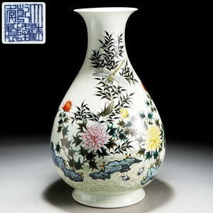 PG935. 中国古玩 【大清乾隆年製】 色絵 蜻蛉花文 花瓶 高さ44.5cm / 陶器陶芸古美術時代花器壷