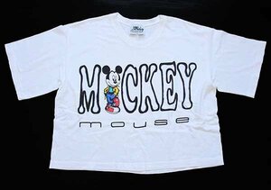 ★90s Mickey by Jerry Leigh ミッキー マウス 染み込みプリント ショート丈 コットンTシャツ 白★オールド キャラ オーバーサイズ