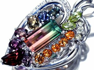 1円～【ジュエリー極】極上品！上質ウォーターメロントルマリン4.00ct＆マルチ宝石＆ダイヤ 超高級Pt900ペンダント h6601zm【送料無料】