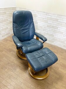 EKORNES エコーネス ストレスレスチェア オットマン付き リクライニングソファ 牛革 北欧 ネイビー/管理番号0811（貝081）