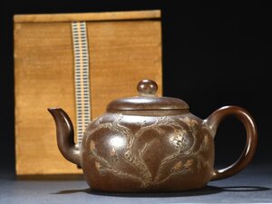 【安】清時代 泥絵紋茶壺 共箱 宜興紫砂 常滑 朱泥急須 煎茶道具 茶壷 古美味 古董品 時代物 271