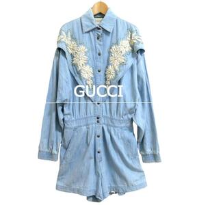 GUCCI グッチ サイズ38 ヤンキース コラボ 背中刺繍 長袖 ショートパンツ デニム サロペット オールインワン 水色 ライトブルー