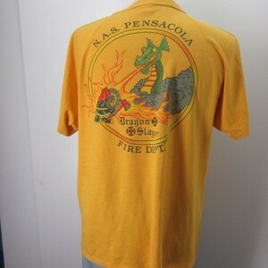 80s Ｔシャツ　L 黄色　fire fighter 消防　キャラクター　アメリカ古着　sy039