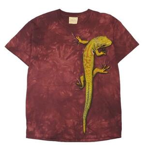 【M】USA 古着 90s THE Mountain Iguanidae Lizards アニマル プリント 半袖 クルーネック Tシャツ バーガンディ タイダイ