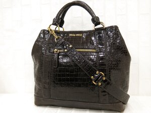 ◆miu miu ミュウミュウ◆クロコ型押し◆レザー 本革◆2way トート バッグ◆ブラウン ゴールド金具◆腕掛け◆斜め掛け◆ロゴ金具◆A8822