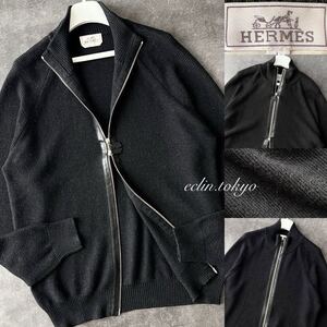 【E3110】極美品！HERMES エルメス《極暖アルパカ100%！》最高級 レザー装飾！ドライバーズ ニット ジャケット カーディガン 黒 L ブルゾン