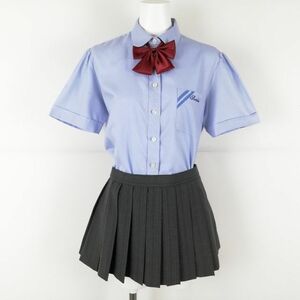 1円 ブラウス マイクロミニスカート リボン 上下3点セット M 夏物 女子 学生服 大阪産業大学附属高校 水色 制服 中古 ランクC EY0186