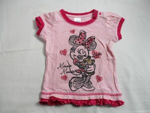 BD974【Disney・ミニーマウス】プリント　フリル付き　半袖　Ｔシャツ　女児　淡赤　80