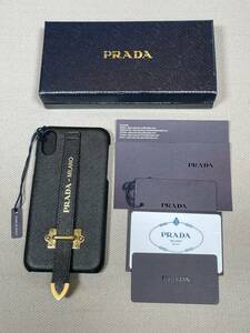 新品 未使用 PRADA iPhone X XS スマホ ケース iPhoneケース プラダ ロゴ 39 サフィアーノ 黒 ブラック ベルト ストラップ付き 本革