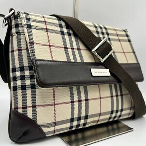 1円◎極美品◎ BURBERRY バーバリー ショルダーバッグ クロスボディ サコッシュ 斜めがけ ノバチェック ロゴプレート レザー 革 キャンバス