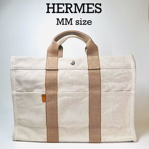 正規品　 HERMES エルメス ニューフールトゥMM トートバッグ ハンドバッグ キャンバス　ナチュラル　通勤　通学